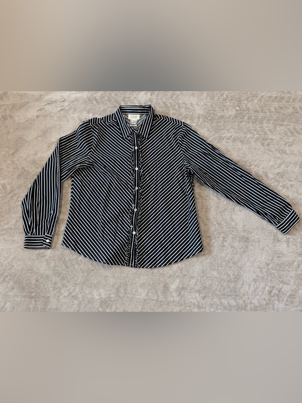 Talbots Black & White Stripe Ruffle Front Button Down Shirt L Dark Preppy Office